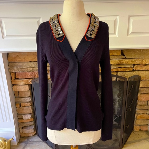 Tory Burch Sweaters - Tory Burch navy 100% wool cardigan with jeweled collar size small